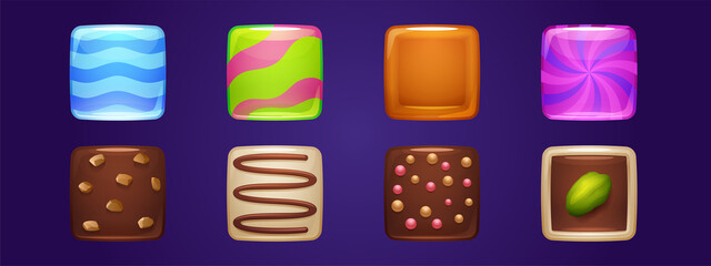 Poster - Square buttons with texture of chocolate and hard sugar candies. Vector cartoon set of glossy icons from lollipop, caramel with wavy stripes, dessert with pistachio and crumbs isolated on background