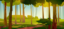 Summer Forest With Path, Green Grass, Bushes And Leaves On Trees. Nature Scene Of Garden Or Natural Park In Daylight. Vector Cartoon Illustration Of Beautiful Woods Landscape With Trail