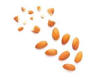 Wall Mural - Top View Almonds isolated on white background.