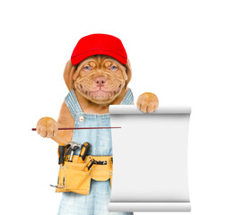 Poster - Smiling puppy wearing red cap and overalls with tool belt points on empty list. Isolated on white background