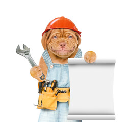 Poster - Funny puppy wearing hardhat and  overalls with tool belt holds adjustable wrench and shows empty list. Isolated on white background