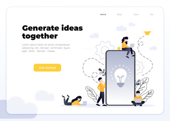 People working together. Coworking, freelance, teamwork, communication, interaction, idea, independent activity concept, violet palette. Glassmorphism landing page concept.