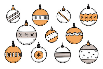 Wall Mural - Doodle christmas ball set. Hand drawn sketch style. Color christmas bauble with black line. Isolated vector illustration.