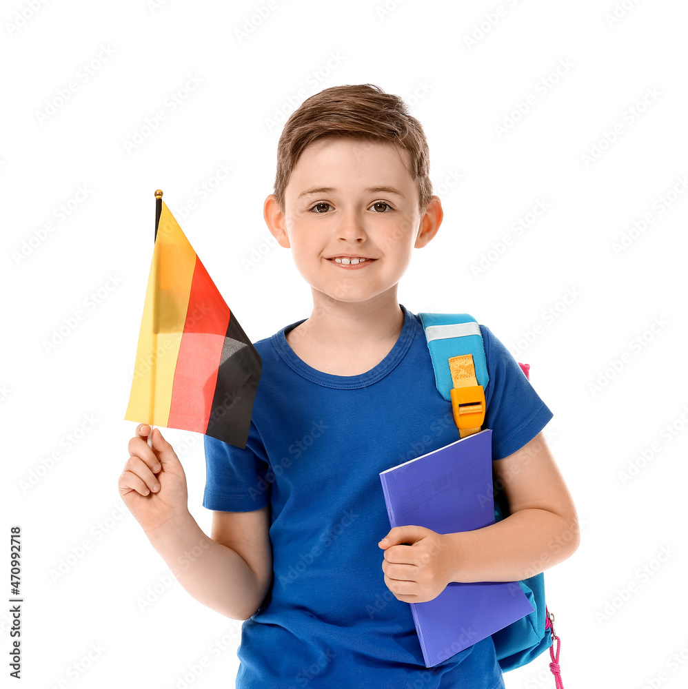 Pupil of language school with German flag on white background