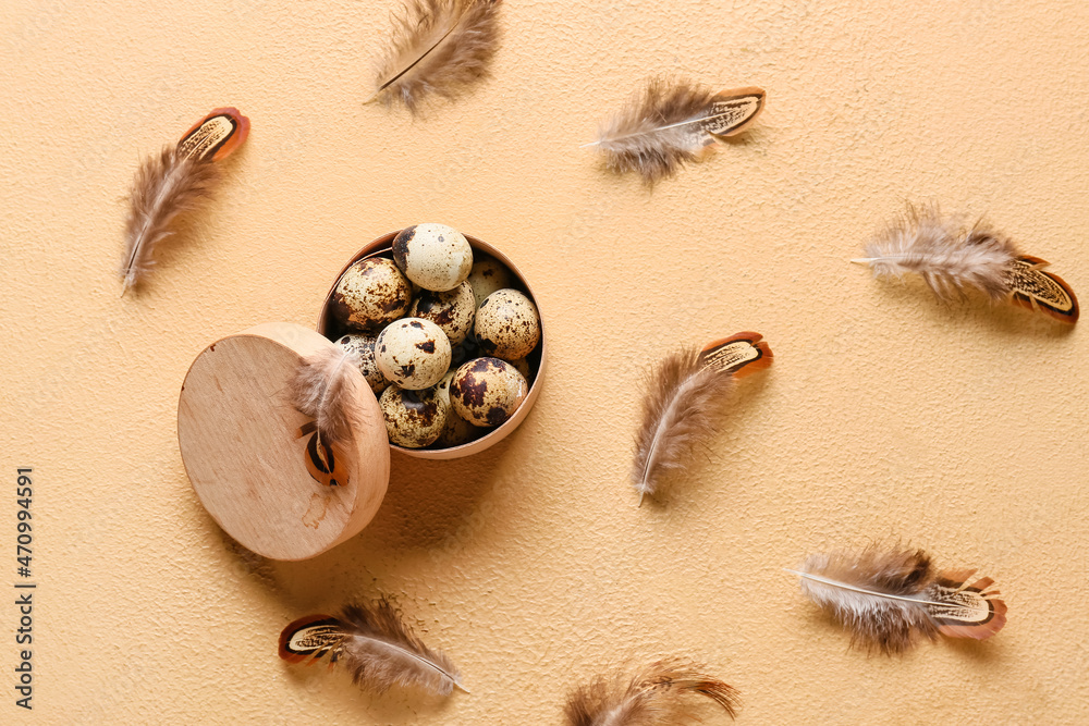 Box with eggs and pheasant feathers on beige background