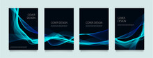 黒の背景に青いウェーブラインのベクターカバーデザインセット（イラスト）。ビジネスのパンフレット、カード、ポスターなどの背景として。