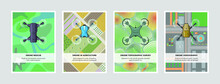 Set Of Cards With Drones Top View. Drone In Agriculture, Drone Videography, Drone Rescue, Drone Topographic Survey