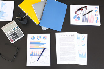 Poster - Many documents at workplace in office, top view