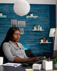 Poster - Person doing remote work using computer with keyboard. Smiling woman using monitor and internet connection, working online on business project at home office. Freelance employee at desk