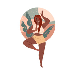 Wall Mural - African American girl meditating in Tree pose in nature. Young woman practicing yoga and breathing exercise cartoon vector illustration