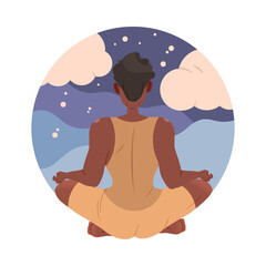 Wall Mural - Back view of man meditating in Lotus pose. Guy practicing yoga and breathing exercise cartoon vector illustration