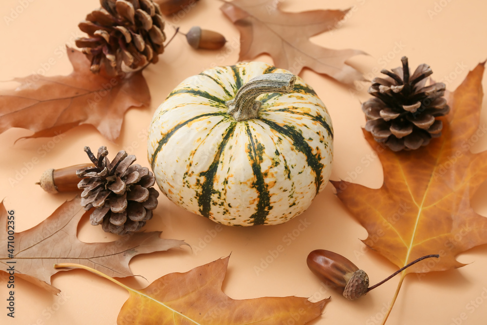 Composition with fresh pumpkin and dried leaves on beige background
