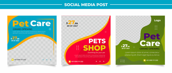 Wall Mural - Pet shop social media post template design with photo collage.	