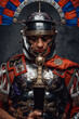 Imperial legionary with plumed helmet against dark background