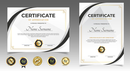 Wall Mural - Black and gold certificate of appreciation border template with luxury badge and modern line and shapes. For award, business, and education needs. Diploma vector template