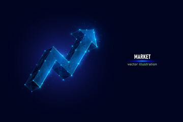 Arrow rising upward symbol digital wireframe made of connected dots. Price inflation sign low poly vector illustration on blue background.