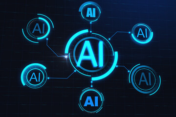 Poster - Creative AI hologram on blue background. Artificial intelligence, ai, technology and communication concept. 3D Rendering.