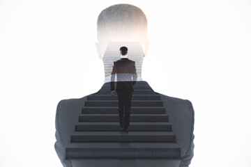 Poster - Abstract image of attractive european man walking on abstract stairs on white background with mock up place. Success and career growth concept. Double exposure.