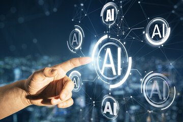 Poster - Businessman hand pointing at creative AI hologram on blurry night city background. Artificial intelligence, ai, technology and communication concept. Double exposure.