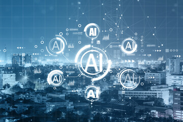 Poster - Creative AI hologram on blurry night city background. Artificial intelligence, ai, technology and communication concept. Double exposure.