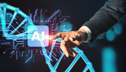 Aufkleber - Businessman hand pointing at abstract glowing circuit AI hologram with dna on blurry background. AI and science concept. Double exposure.