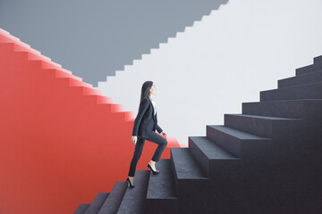 Canvas Print - Attractive young european businesswoman walking on red and concrete staircase with mock up place. Success, finance and career growth concept.