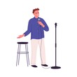 Man comedian with microphone performing stand-up comedy. Comic with mic telling humor and fun stories at open mike standup show. Live performer. Flat vector illustration isolated on white background
