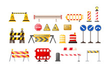 Traffic Road Repair Barriers Set. Safety Barricade, Roadblocks, Warning Alert Signs. Construction Fences, Warning Detour, Repair Hurdle, Safety Barricade Warning For City Street Repair Works