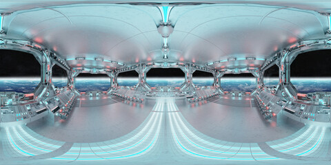 Wall Mural - HDRI panoramic view of white blue spaceship interior with windows. High resolution 360 degrees panorama reflection mapping of a futuristic spacecraft 3D rendering