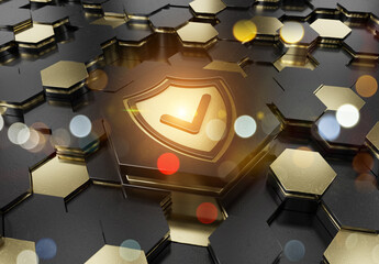 Poster - Shield icon concept engraved on gold metal hexagonal pedestral background. Security Logo glowing on abstract digital surface. 3d rendering