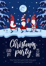Merry Christmas Party Flyer. Bright Vector Illustration Icartoon Style In Blue And Red Colors. Gnomes In Caps, Candy Canes, Gifts, Winter Rose Hips, Holly. For Advertising Banner, Poster, Flyer