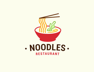 Restaurant logo with red bowl and noodle food icon concept