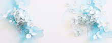 Creative Image Of Pastel Blue Hydrangea Flowers On Artistic Ink Background. Top View With Copy Space