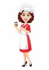 Canvas Print - Chef woman having a coffee break. Cook lady