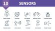 Sensor icon set. Collection of simple elements such as the water quality sensor, water sensor, humidity sensor, gyroscope, heartbeat sensor, pressure sensor, tilt sensor.