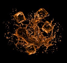 Frozen Ice Cubes In Whiskey Splash. Realistic 3d Vector Cola, Cognac, Cold Tea Or Soda Drink Splashing With Frozen Water Splatters In Motion. Isolated Alcohol Or Refreshment Beverage Brown Liquid Wave