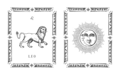 Wall Mural - Leo zodiac symbol in frame, drawn horoscope card