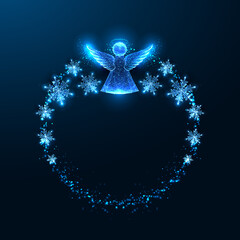 Wall Mural - Christmas festive abstract wreath with glowing angel ornament silhouette and snowflakes on dark blue