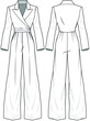 Women Notch Collar Weight Leg Jumpsuit, Peak Lapel Collar Jumpsuit Front and Back View. Fashion Illustration, Vector, CAD, Technical Drawing, Flat Drawing.	