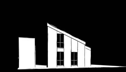 Poster - 3d illustration of a simple small modern house of two floors with pitched roof.  Abstract home perspective facade from eye level  on black background.