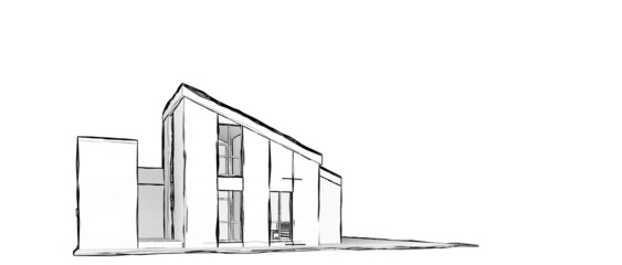 Poster - 3d illustration of a simple small modern house of two floors with pitched roof.  Abstract home perspective facade from eye level with ambient shadows on white background.