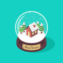 Wall Mural - Isometric Merry christmas glass ball with winter house