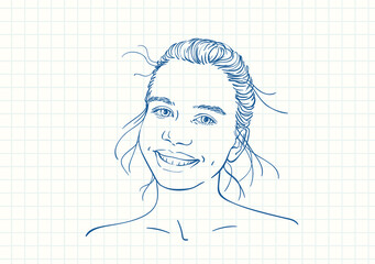 Wall Mural - Happy teenage girl with broad smile, Blue pen sketch on square grid notebook page, Hand drawn vector linear illustration