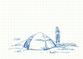 Wall Mural - Female tourist standing next to tent, Blue pen sketch on square grid notebook page, Hand drawn vector illustration