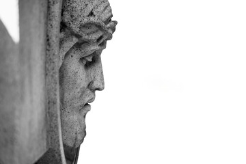 Fototapete - Jesus Christ in a crown of thorns against white background. Fragment of an ancient statue. Pain, death and resurrection concept.