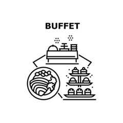 Wall Mural - Buffet Food Vector Icon Concept. Meat And Vegetable Delicious Meal Plate, Cookies And Cakes Buffet Food. Catering Service Tasty Dish And Dessert. Cooked Lunch And Dinner Black Illustration