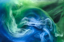 Blue Green Smoke On Black Ink Background, Colorful Fog, Abstract Swirling Ocean Sea, Acrylic Paint Pigment Underwater