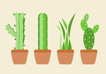 Wall Mural - Ornamental house plant green set collections cactus in pot flat vector design.