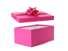 Pink Gift Box And Lid With Bow On White Background