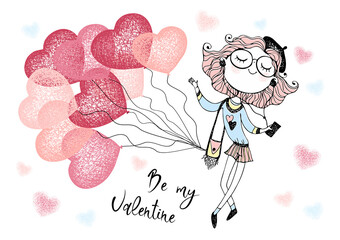 Wall Mural - A Valentine's Day card. Cute girl with balloon hearts. Be my Valentine. Vector